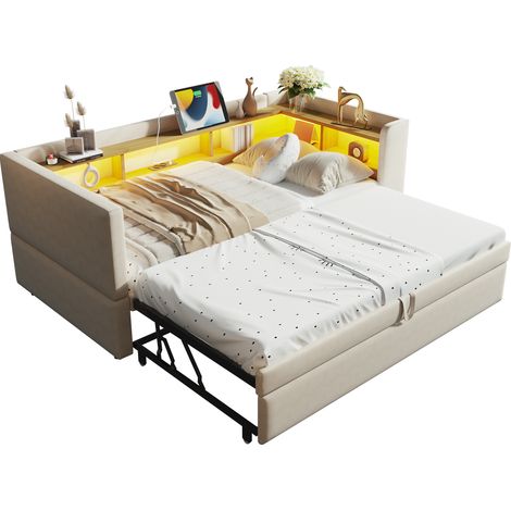 Lit rembourré, canapé-lit extensible 90/180 x 190 cm, équipé de lumières LED, de prises et de nombreux compartiments de rangement, lit rembourré, canapé-lit multifonction, lit simple, beige.