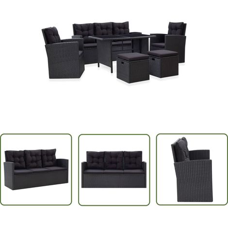 The Living Store 6-tlg. Garten-Lounge-Set mit Kissen Poly Rattan Schwarz - Outdoor Möbel - Garten Lounge Set - Rattan Gartenmöbel - Balkonmöbel - Esstisch (1/5)
