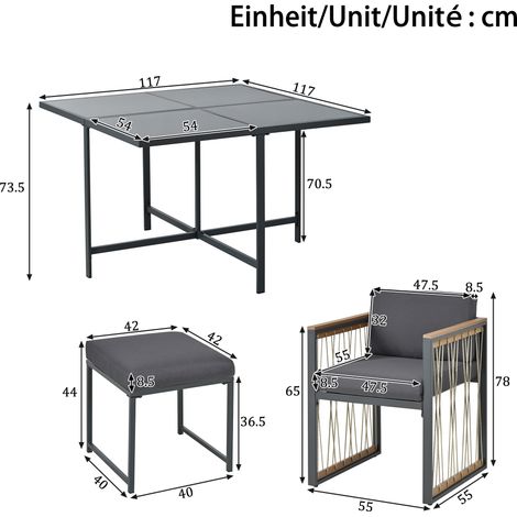 ELVMI Gartenmöbel Set mit 1 Tisch, 4 Sesseln und 2 Fußhockern, Metall und Polyester, Schwarz (1/4)