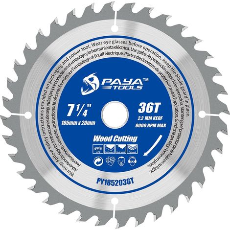 Lame de scie circulaire 36 dents de 184 mm (7-1/4 pouces), lame de charpente TCT ATB, alésage de 20 mm (bague de réduction de 16 mm incluse) pour coupe rapide du bois (1/5)