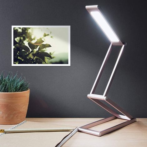 Lampe de bureau LED RHAFAYRE - Lampe sans fil pliable en aluminium avec micro-USB et crochet amovible - Lampe de chevet pour salon - Or rose (1/5)
