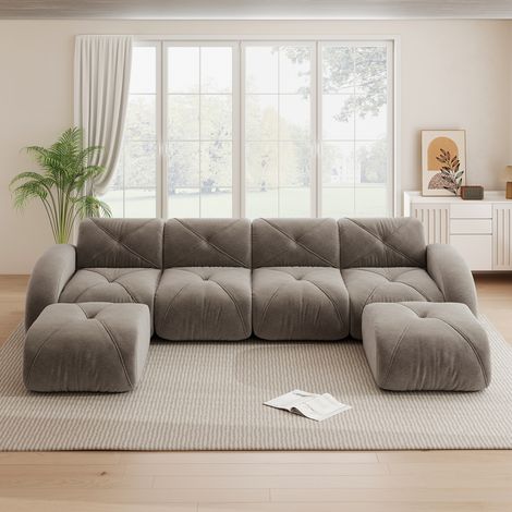 Canapé panoramique U modulable 4 places avec 2 poufs, tissu chenille, marron (1/5)