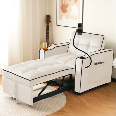 canape convertible 3-en-1 fauteuil lit velours beige OKMYHOME (1/5)