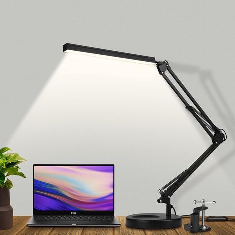 Lampe de Bureau LED - Lampe Bureau LED Puissante avec clip et base - Protection oculaire Lampe LED Bureau - 3 modes d'éclairage x 10 niveaux de luminosité - Noir (1/4)