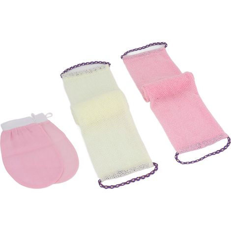 Set di 4 guanti esfolianti in nylon con coulisse, di origine africana, per creare schiuma e detergere la pelle, ideali per la schiena, per donna, rosa e crema
