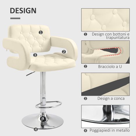 Tabouret de bar réglable blanc en similicuir PU, dossier rembourré, repose-pieds, accoudoirs et coussin confortable. Base en métal tournant à 360°, idéal pour îlot ou cuisine.