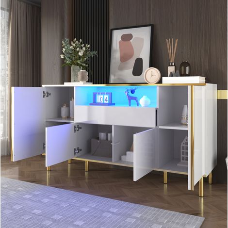 Aparador 150 x 40 x 80 cm blanco brillo con LED, 4 puertas, 1 cajón HAVRYA (1/5)