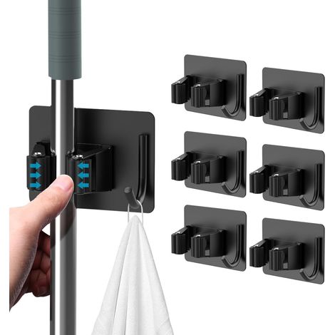 Support balai serpillière sans perçage, organisateur mural robuste pour balai et vadrouille avec crochets, autocollant, acier inoxydable, 4 pièces pour salle de bain (1/5)