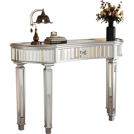 Console demi-lune miroir 120 cm avec tiroir, verre rainuré et bouton cristal, table d’appoint pour entrée, salon ou coiffeuse, gris argenté  CHICFURN (1/5)