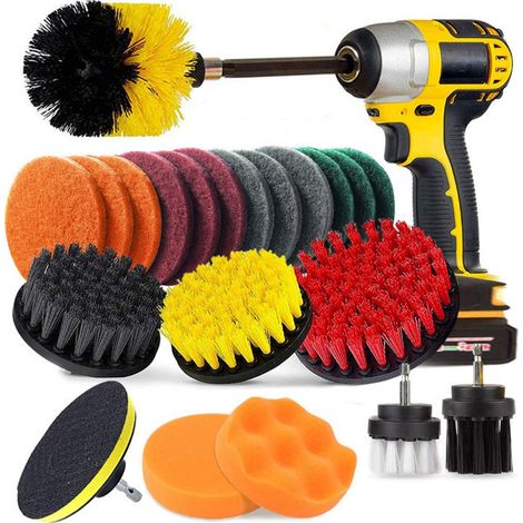 22 Pièces Brosse De Nettoyage Pour Perceuse,Attachement Brosse De Perceuse Électrique Kit Nettoyage De La Salle De Cuisine Bain Carrelage Coulis Tapis De Sol Voiture Gommage Grill Turbo (1/4)
