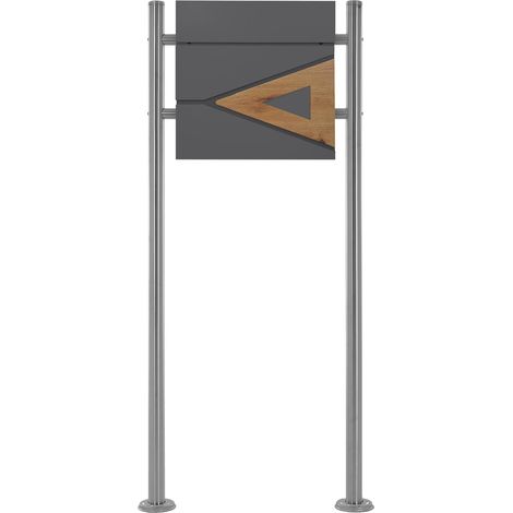 ECD Germany Standbriefkasten mit Zeitungsfach, Design Briefkasten mit Pfosten, Briefkastenanlage Briefkastenständer Ständer 2 Füße Silber metallic 120cm Edelstahl, Postkasten Anthrazit-Holzoptik Stahl