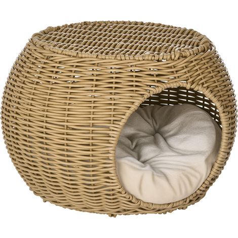 Niche panier maison pour chat 2 niveaux en résine tressée aspect rotin avec 1 coussin doux Ø 40 x 30 cm marron clair (1/5)