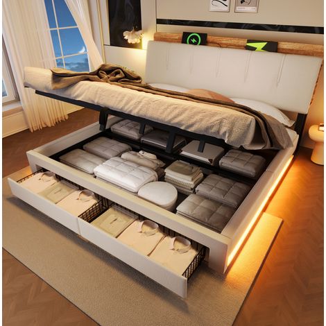 Cama tapizada moderna de lino beige 180x200 cm con cabecero con almacenaje, LED, USB/Type-C y arcón hidráulico