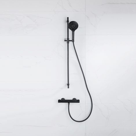 Fortifura Calvi Ensemble de douche barre curseur avec douchette ronde, flexible lisse et robinet de douche Noir mat (1/5)