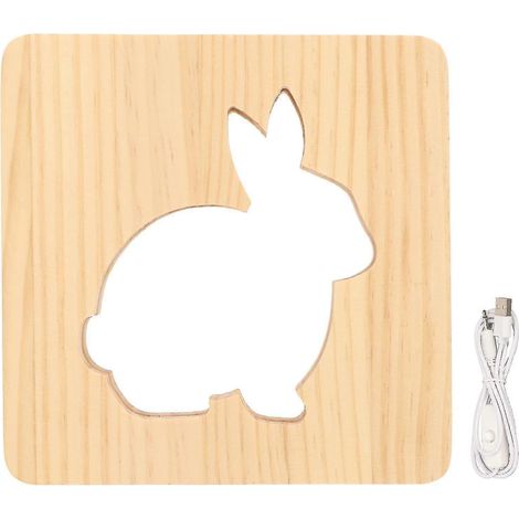 Veilleuse LED en bois 3D, motif lapin ajouré, protection des yeux, idéale pour le bureau, la chambre ou le salon. (1/5)