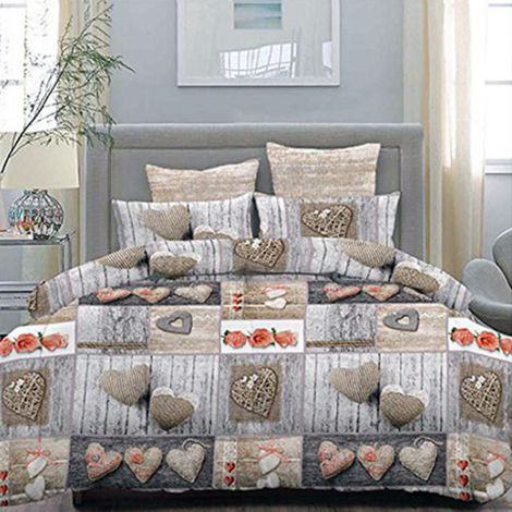 TRADE SHOP - Completo Matrimoniale Caldo Lenzuolo 250x290cm Maxi Angoli Cuori E Rose Grigio -