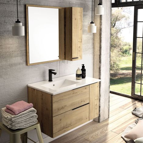 Meuble de salle de bain 80cm vasque déportée - 2 tiroirs - miroir avec armoirette - roble (chêne clair) - KING (1/5)