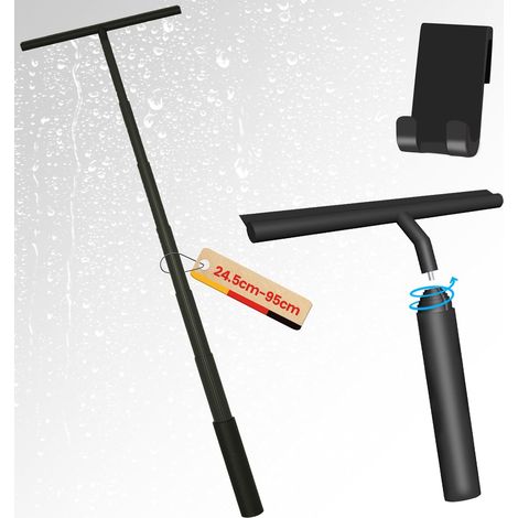 Squeegee de douche téléscopique - Noir, 95 cm, Avec support sans perçage, Pour portes de douche, miroirs, fenêtres, carreaux, vitres de voiture et nettoyage de verres (1/5)
