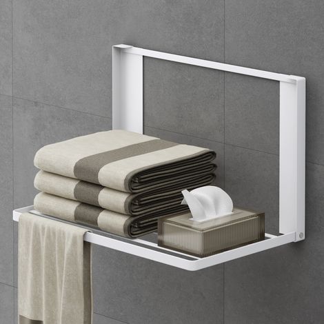 Mai & Mai Porte-serviettes sans Perçage Autocollant Support Mural Pliable en Acier au Carbone Étagère Magnétique pour Machine à Laver pour Salle de Bain Étagère Douche Blanc Mat 41×25×25,5 CM Folda-01