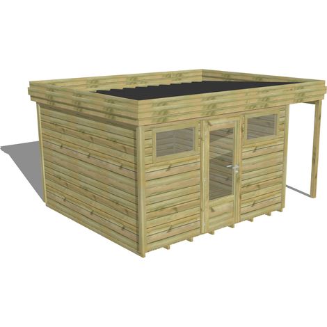 ABRI DE JARDIN bois Pin autoclave 27mm - 4,44x3,44m / 15,3m2 - Bac acier - Plancher bois