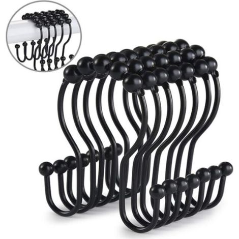 Noir,Anneaux Doubles pour Rideau de Douche, Jeu de 12, Acier Inoxydable, avec Boules coulissantes, 7 x 5 cm, pour Rideau de Douche, Crochets Robustes pour Rideau de Douche (1/5)