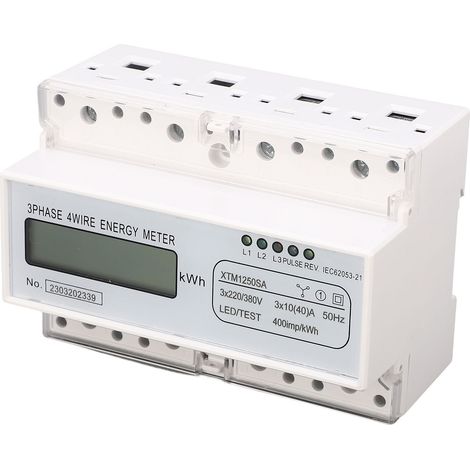 Compteur triphasé rail DIN 35mm XTM1250SA 7P LCD 10(40)A 380V, ancien modèle, mesure 3×220V/380V, pose sur rail standard. (1/5)