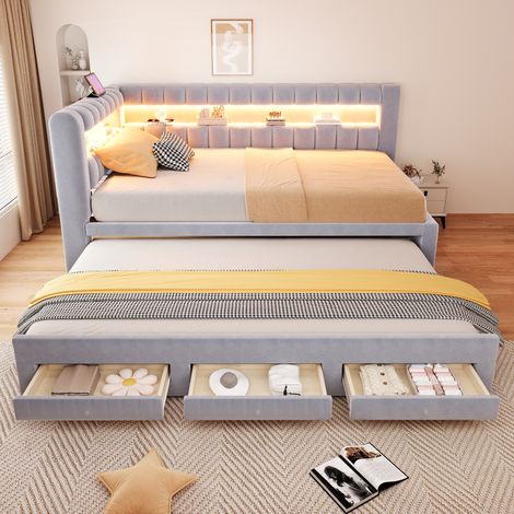 Canapé-lit 90x190 cm, lit banquette avec lit gigogne, 2 tiroirs de rangement, LED, USB/Type-C, velours, gain de place - Gris clair (Sans Matelas) (1/5)