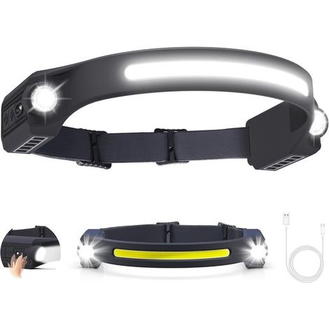 Una lampada frontale a LED ricaricabile con LED COB, dotata di sensore di movimento, fascio luminoso grandangolare a 260°, impermeabile IPX4, accessorio ideale per il campeggio. (1/5)