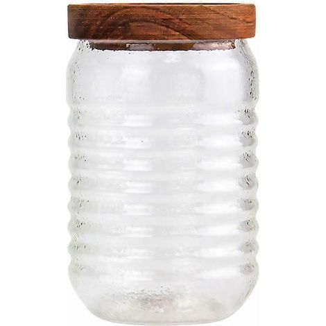 Bocal en verre avec couvercle en bois pour la conservation des aliments, 300 ml, fermeture hermétique. (1/5)