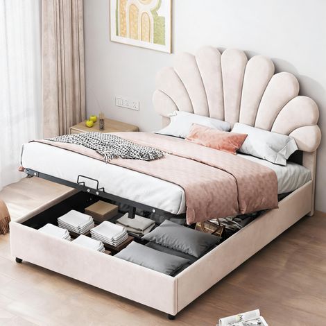 Cadre de lit beige en upholstered 203 x 140 x 119 cm (1/5)