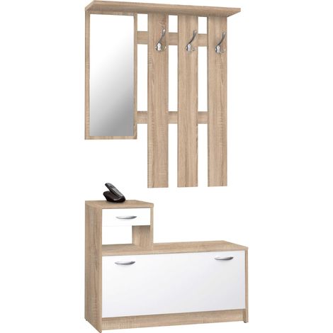 Porte-Manteaux armoire rangement à chaussures Miroir pour hall d'Entrée Bois Chêne Sonoma Blanc 98 x 25 x 180 cm (1/3)