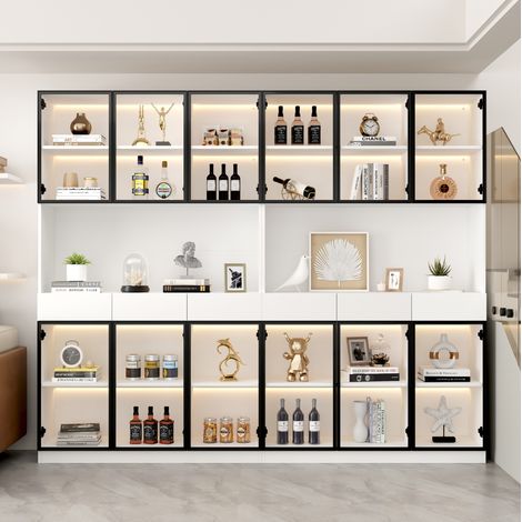 Vitrina alta 30x240x200 cm con LED, gran capacidad de almacenaje, estantes regulables, madera aglomerada blanca (1/5)