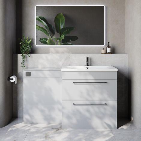 Napoli 460 Cento Gloss Grey Pearl 1400mm 2 Drawer Vanity Unit Toilet Suite with Glide Basin - 1400mm - Matt Black 480mm HandleWithout Kingston Toilet Pan