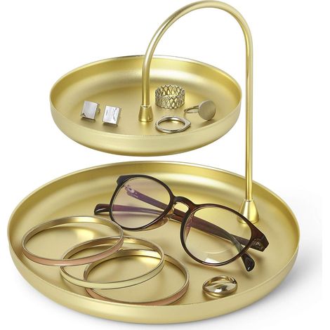 Porte Bijoux à 2 Niveaux. en métal Coloris doré Mat. Dimension 20.3cm de diamètre et 18cm de Haut. (1/5)