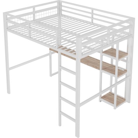 Lit mezzanine 140 x 200 cm, cadre en fer, plusieurs étagères, bureau avec prise, USB Type-C, garde-corps, échelle, sans matelas, blanc (1/5)