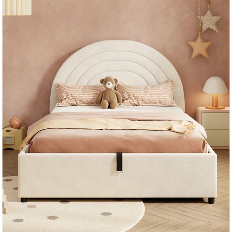 Letto imbottito per bambini in velluto beige 140x200 cm con testiera, rete a doghe, contenitore idraulico e materasso incluso