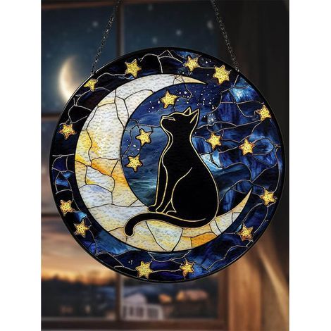 Buntglasfenster, schwarze Katze auf dem Mond, 20 cm, dekorativer Sonnenfänger für das Fenster (1/5)