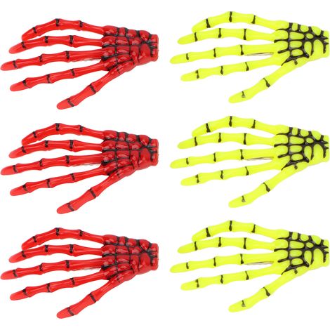 Lot de 6 pinces à cheveux en forme de mains, os, squelette, fluorescentes, style punk rock horreur, jaune et rouge, griffes, crâne, épingle à cheveux (1/5)