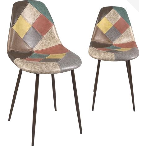 Ensemble de 2 chaises patchwork multicolores rembourrées pour salon ou salle à manger, pieds en métal, teinte bois foncé, Nova (1/5)