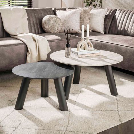 Lot de 2 tables basses rondes 60 et 80 cm effet travertin gris - VIRKO