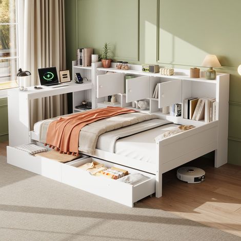 3ft Single Daybed with Storage Drawers and Bookcase, Modern Bed frame with Charging Station and Integrated Desk, Wood Bed for Living Room/ Bedroom/ Study Room, Two Assembly Methods, White(No Mattress)