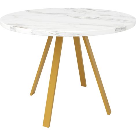 Table à manger ronde 80x80x75 cm avec plateau effet marbre blanc et pieds métalliques dorés (1/5)