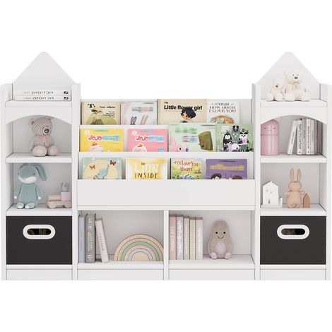 Bilderbuchregal, Kinderbuchregal, mehrstöckiger Kinderschrank, Kinderzimmermöbel, Spielzeugaufbewahrung, Ablageregal, Kinderaufbewahrungsschrank, mit 2 klappbaren Aufbewahrungsboxen, Weiß, 1303090cm (1/5)