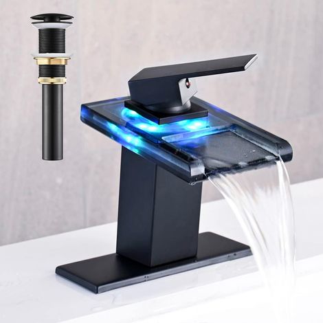 Robinet de lavabo AVSIILE LED, robinet monochrome noir mat à effet cascade avec bonde de vidange en métal et 2 conduits d'alimentation en eau, bec en verre ouvert (1/5)