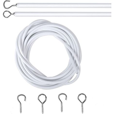2M Cable pour Rideaux, Blanc Fil de Rideau avec 2 Pièces Piton à Visser Boulons à Oeil et 2 Pièces Crochets à Visser, Câble de Rideau Enduite de Plastique, Cable Rideau Tringle Rideau Souple