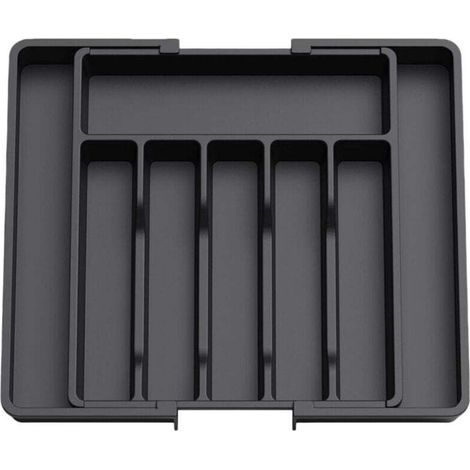 Organisateur de tiroir, plateau extensible pour ustensiles de cuisine, porte-couverts sans BPA, convient aux cuillères, fourchettes et couteaux, grande taille, noir. (1/4)