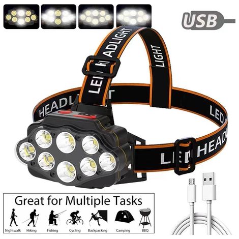 Lampe frontale rechargeable, super lumineuse de 2000 lumens avec 8 LED, lampe frontale légère à 4 modes, lampe frontale USB étanche IPX5 pour camping extérieur, course à pied, cyclisme, escalade (1/5)