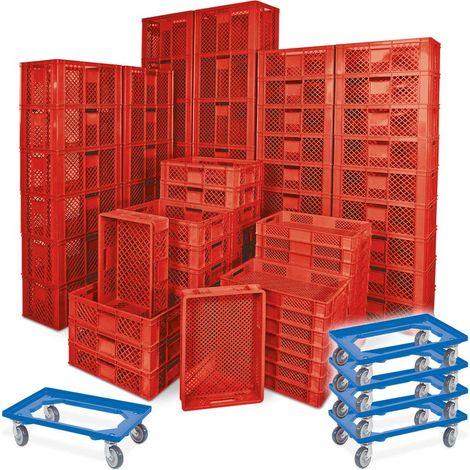 BRB 78 Stück Stapelkörbe/Bäckerkästen in 5 Größen, Grundmaß LxB 600x400 mm, H 90 mm, 150 mm, 240 mm, 320 mm, 410 mm, + 5x Transportroller blau (rot)