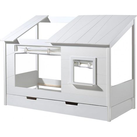 LAKA - Lit Maison 90x200cm Blanc avec Fenêtre + Tiroir et Rideaux (1/4)