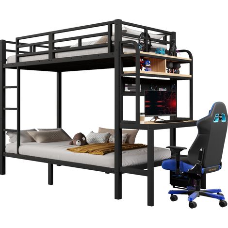 Lit superposé 90 x 200 cm avec bureau, étagères, LED et port USB, structure métal et MDF noir, avec échelle et barrière de sécurité – CHICFURN (1/5)